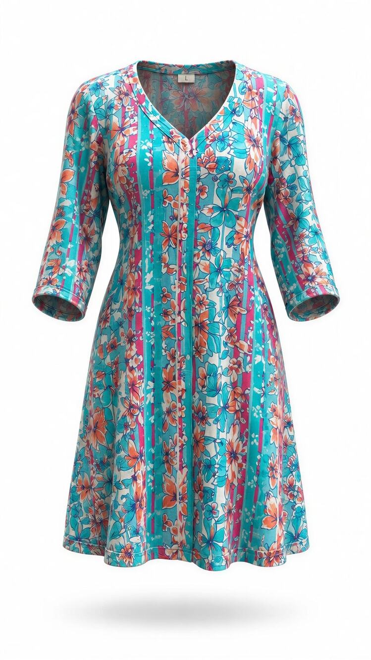 Lands' End Dress Womens Large Floral Cover Up V-Neck 3/4 Sleeve